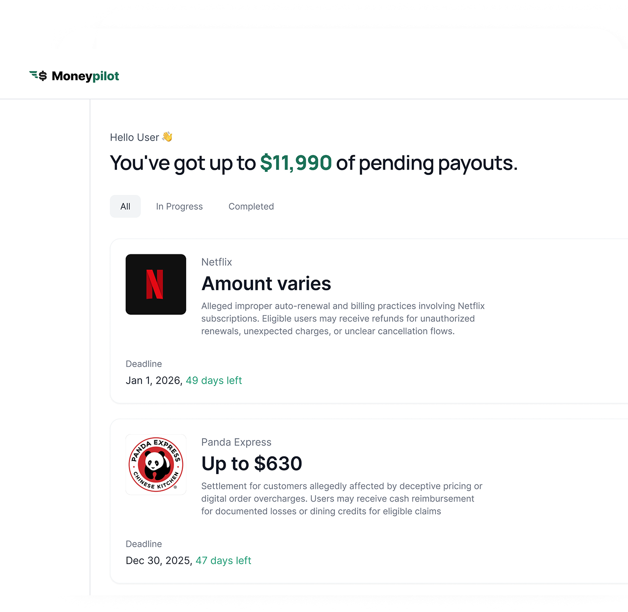MoneyFlow Dashboard Preview showing pending payouts